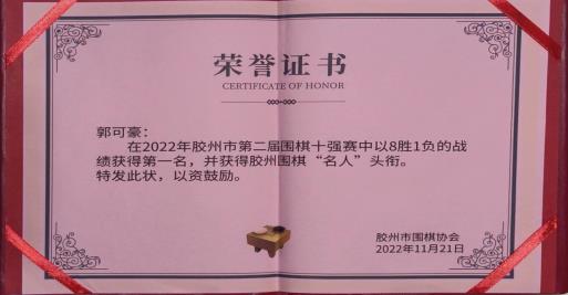 纹枰创佳绩：祝贺云顶集团7610官方网站教师郭可豪 获胶州围棋名人赛冠军