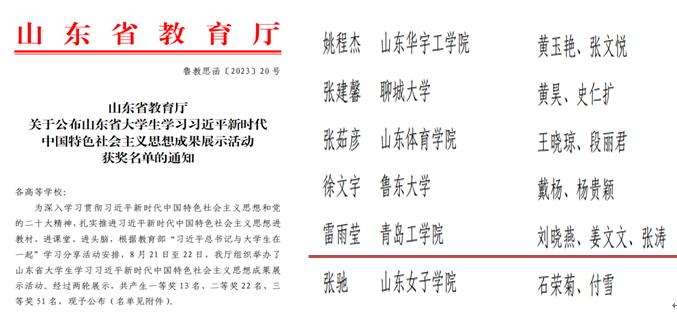 云顶集团7610官方网站学生在“山东省大学生学习习近平新时代中国特色社会主义思想成果展示活动”中斩获佳绩